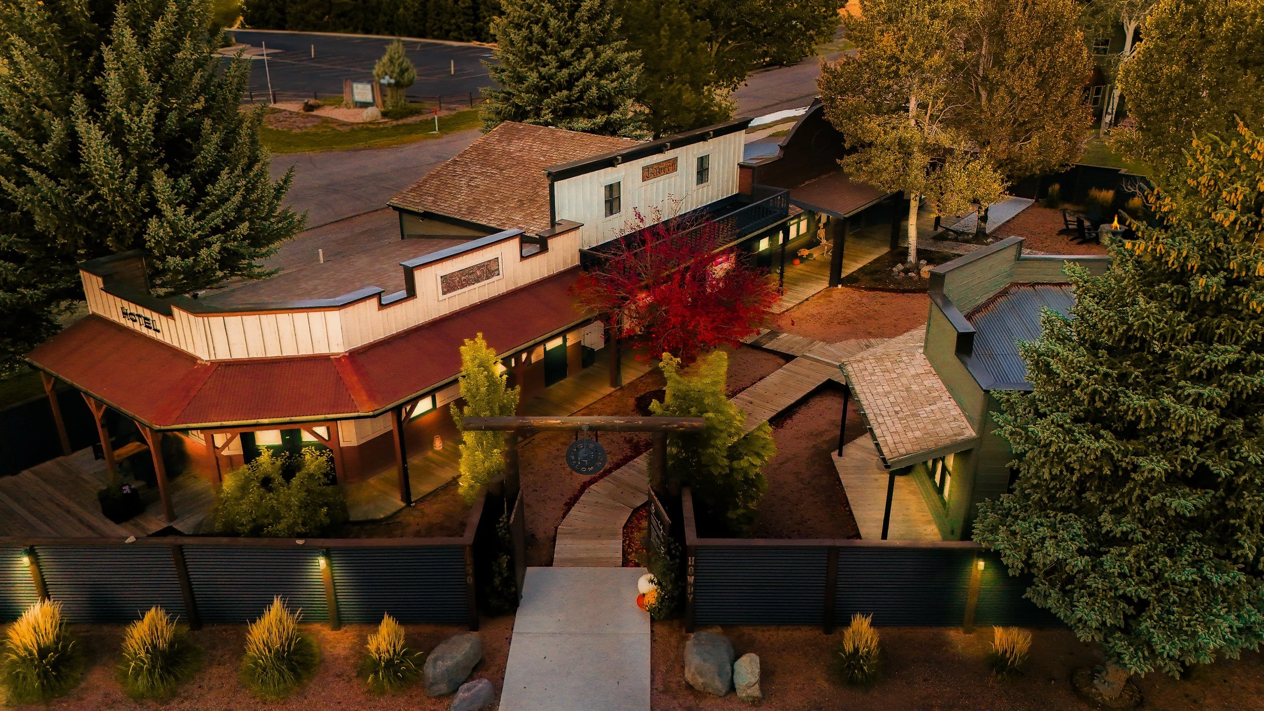 Aerial view of Hotel Palomino in Ridgway, Colorado at dusk