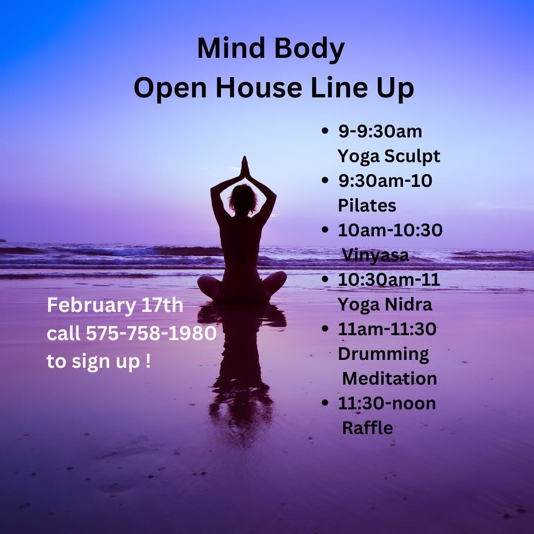 Our Mind Body Open House is this Saturday, February 17th 9am- noon! We have a great line up for demo classes and a special drumming meditation to end our time together &hellip; There&rsquo;s a raffle of a FREE private Yoga session, private Pilates se