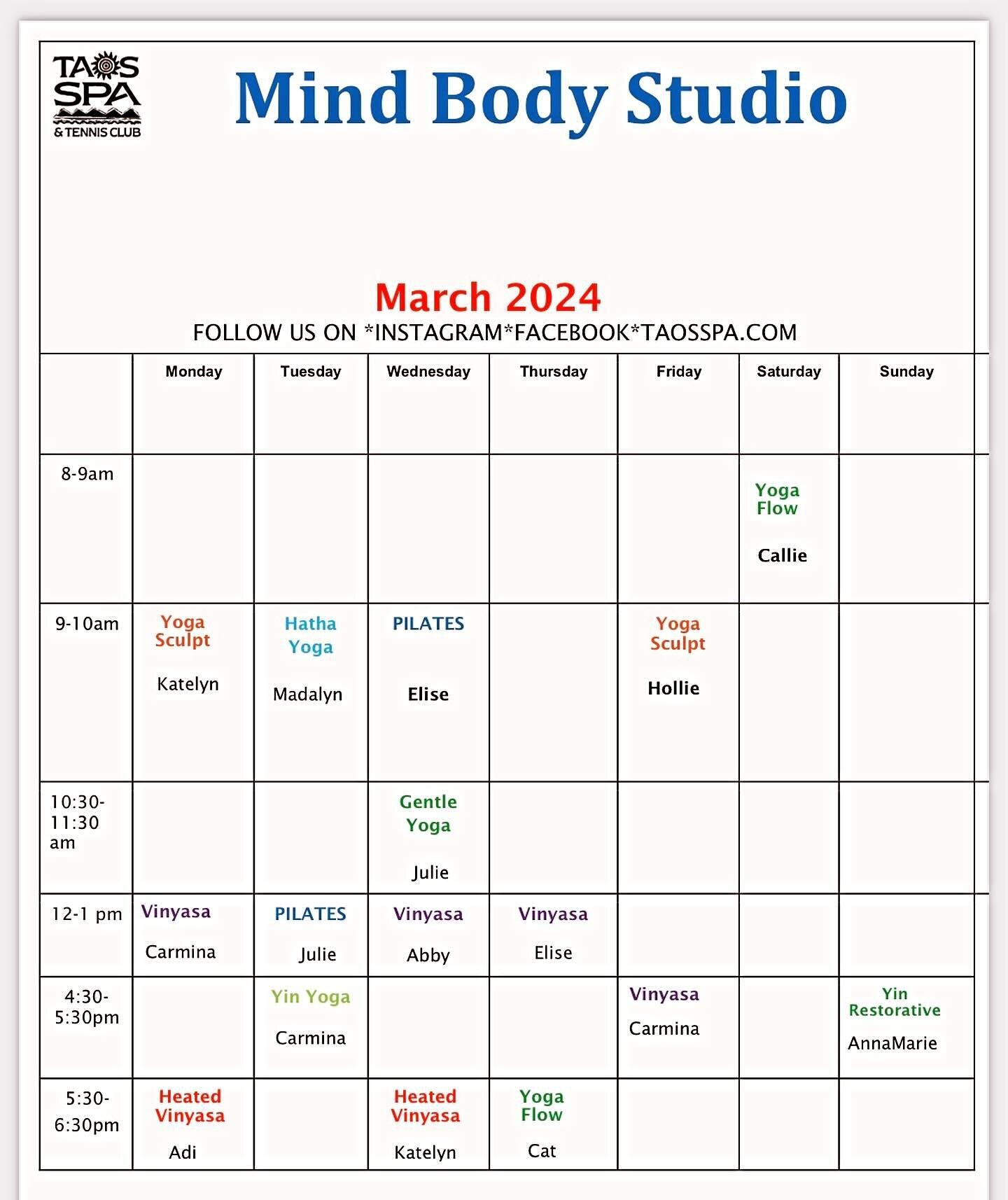 The new March schedules are out! We&rsquo;ve added a Sunday Yin/Restorative @ 4:30pm , Yoga Sculpt @ 9am Monday and Heated Vinyasa @ 5:30pm on Monday! Enjoy! #taosspaandtennisclub #taos #yoga #groupfitness #zumba #spin #bodypump #aquafitness #yinyoga
