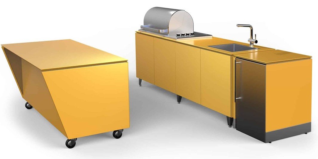 ADAPT, a modular vitreous enamel system on casters from Vlaze adds a sunny vibe in ochre.jpg