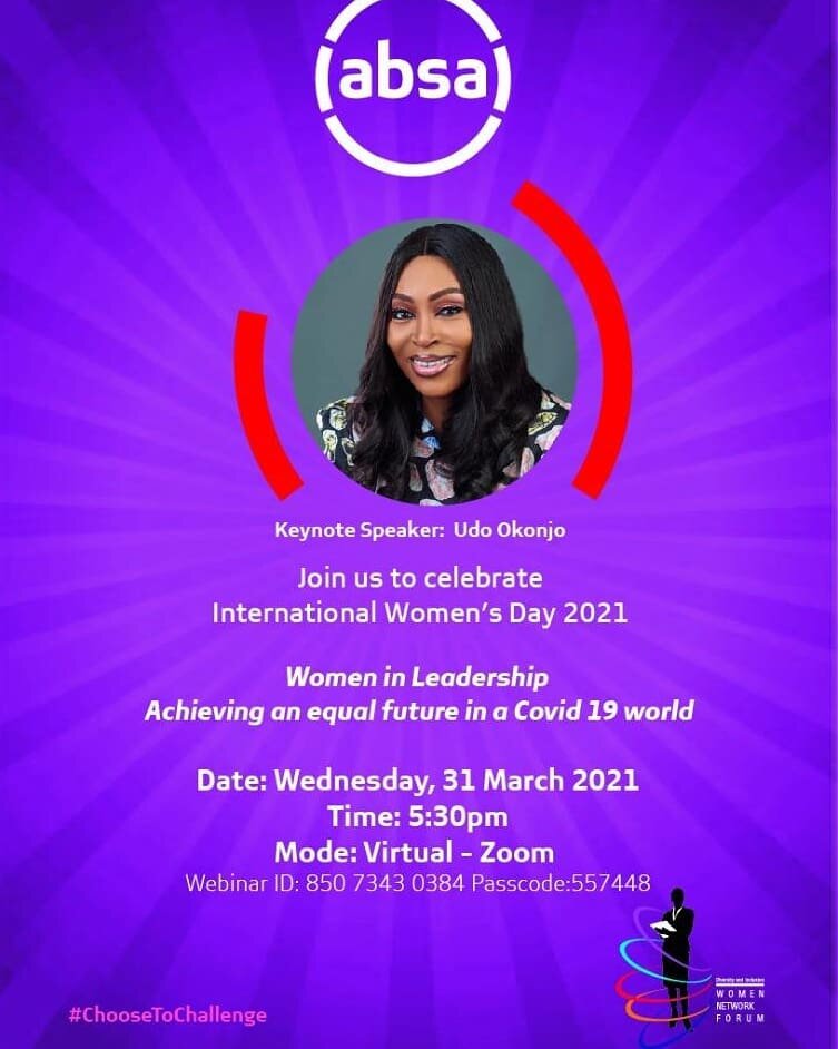 Let's wrap-up this international and intentional women's month with this virtual event &quot;Women in leadership achieving an equal future in a covid19 word.⁣
⁣
Keynote Speaker:@udo_okonjo⁣

Time:5:30 PM GMT⁣

Date: Today, Wednesday 31st March 2021.⁣