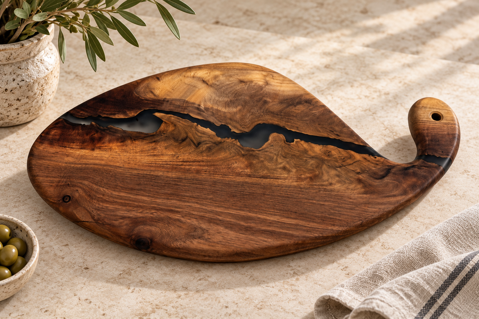 Wooden serving dish with a wave-style design and a dark resin filling, placed on a beige surface with a bowl of green olives, a potted plant, and a cloth napkin nearby.