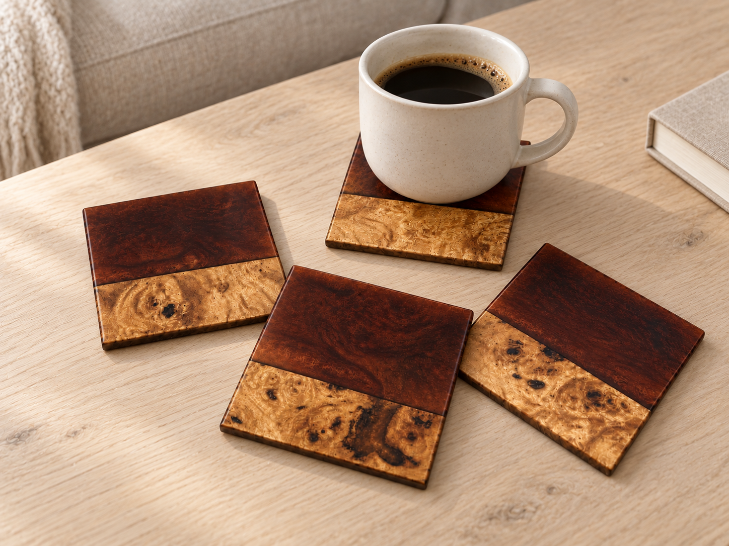 Mapa Burl & Burgundy Coasters, Set of 4