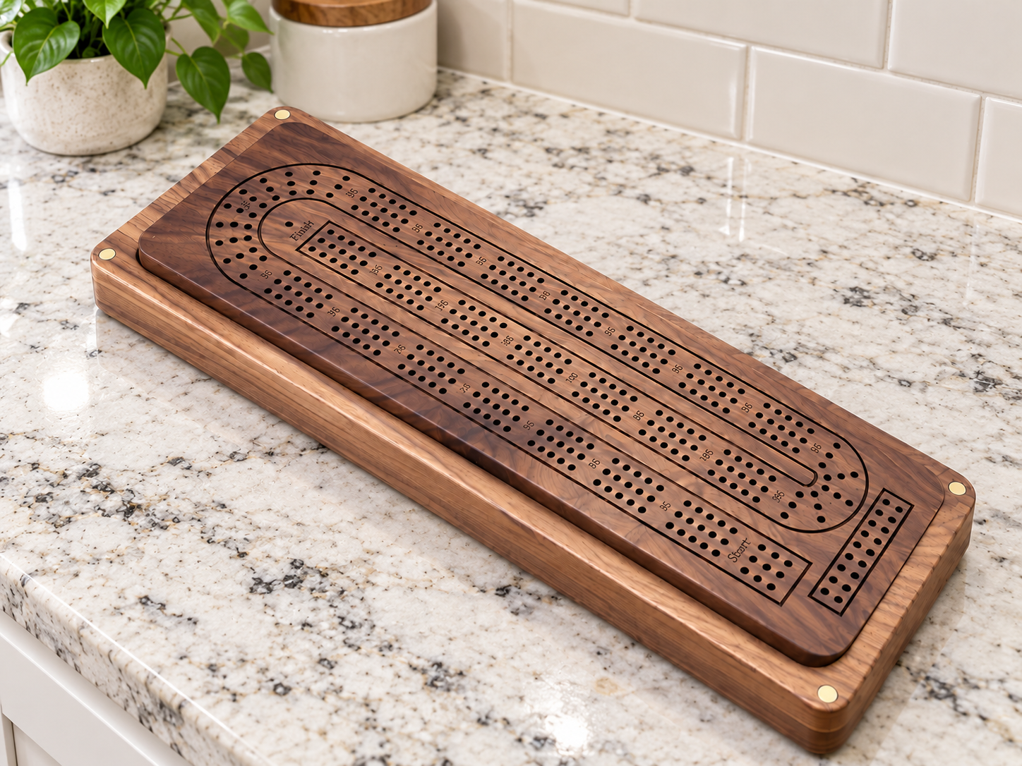 Handcrafted Walnut Cribbage Board in a Modern Kitchen.png