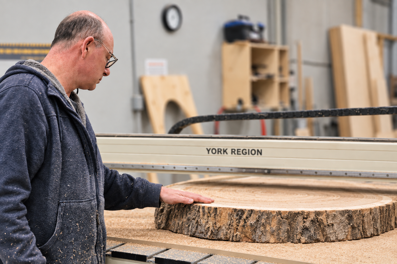 John at NewMakeIt in a woodworking shop, examining a large cross-section of a tree trunk on a CNC Router. Various woodworking tools and wood pieces are visible in the background.