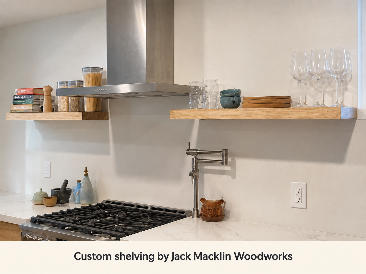 Kitchen with open wooden shelves holding cookbooks, jars, glasses, bowls, and wine glasses, above a stove and marble countertop with various utensils and a distinctive pig-shaped teapot.