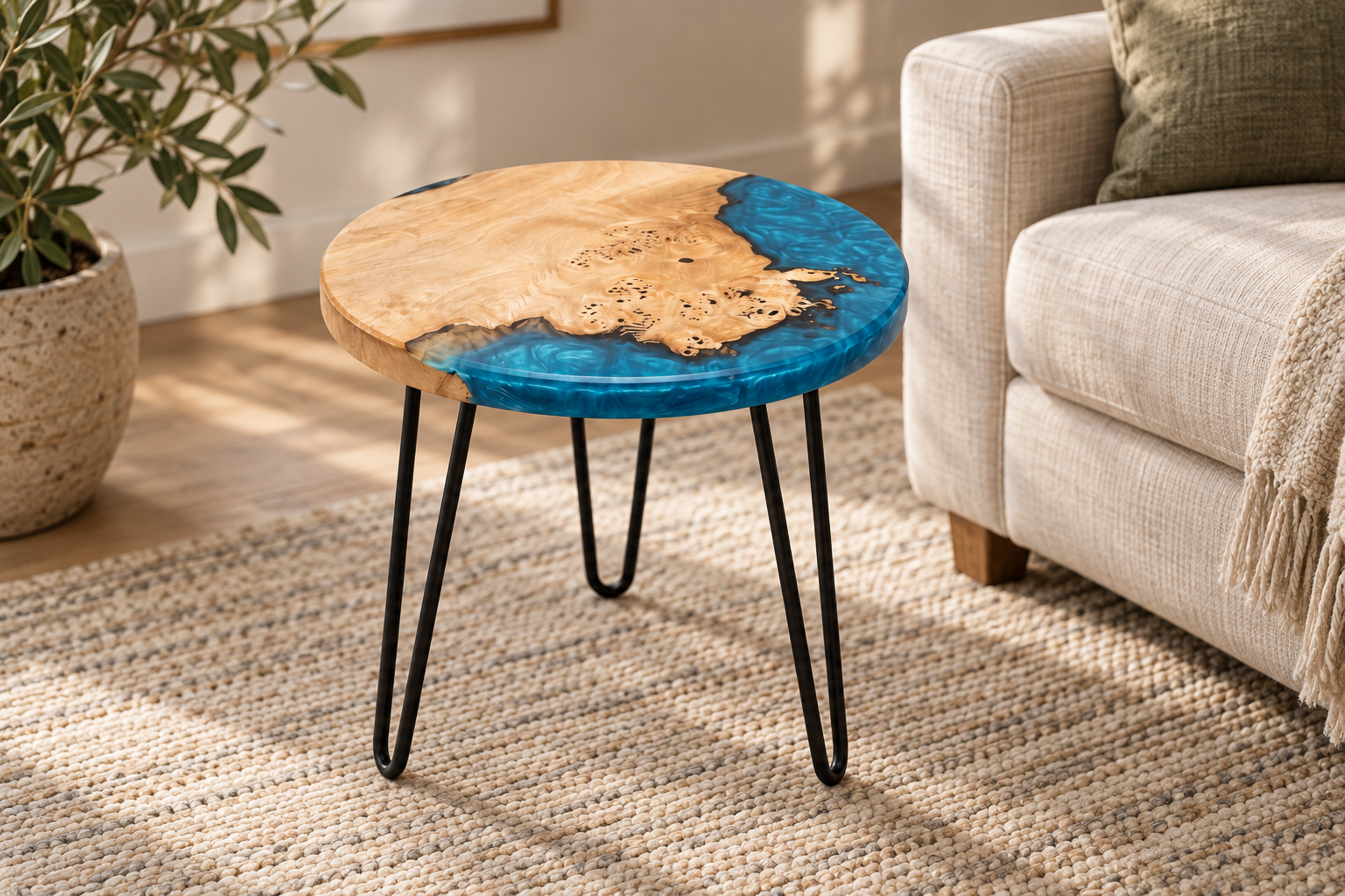 A round wooden coffee table with blue resin accents and black metal hairpin legs, situated on a beige woven rug in a living room with a beige couch and potted plant.