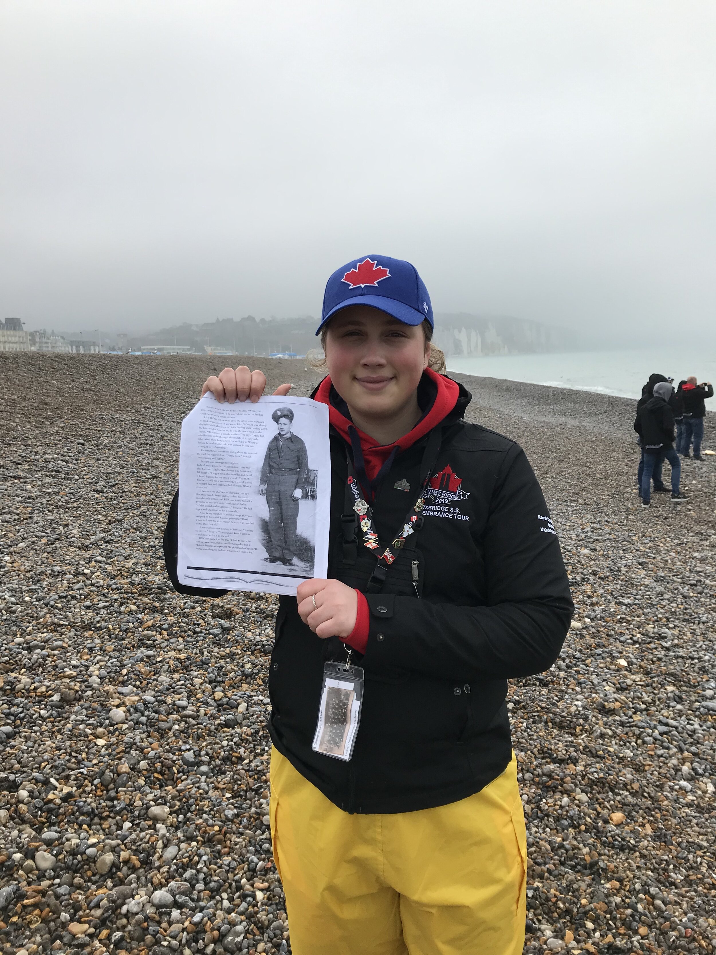 Rylee Brown, great-granddaughter of Bill Orser on Dieppe Beach - April 2019 on USS Remembrance Tour 