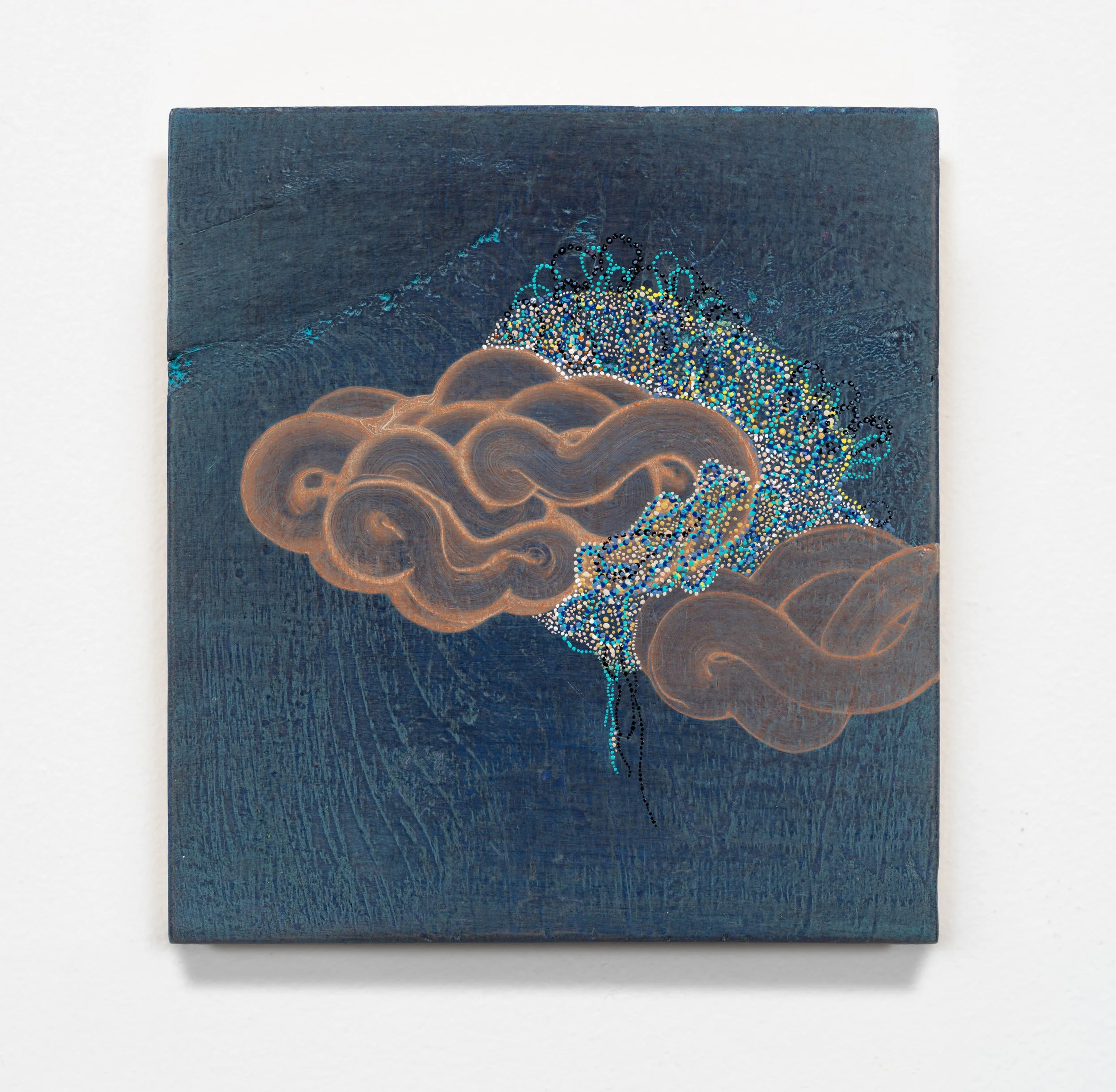 From Wind or Sky or Myth (double cloud) 2025 6 x 5.5 inches Acrylic on raw pine