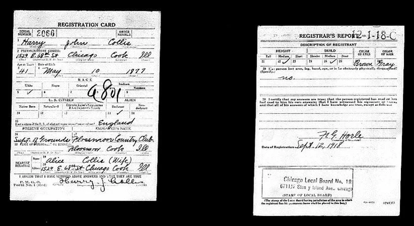  Collis’s 1918 WWI Registrar’s Card, listing him as the Superintendent of Flossmoor CC. 