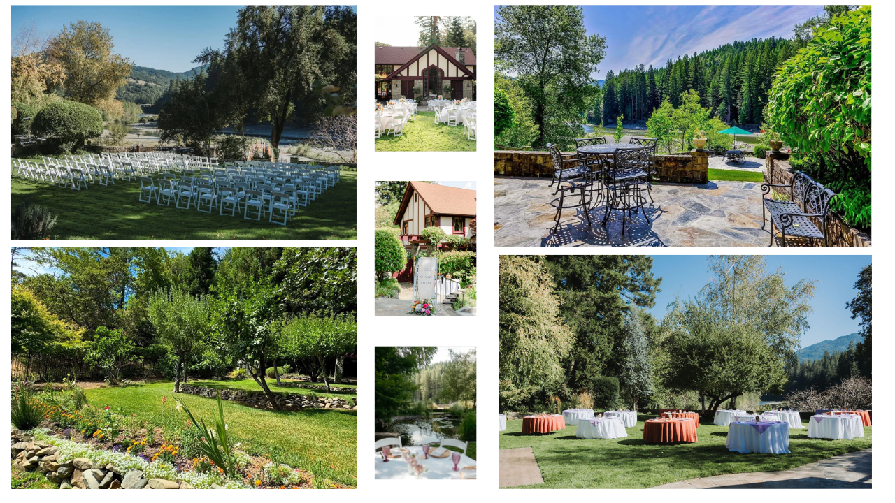 Various outdoor scenes of garden and patio areas set up for events, including seating arrangements, tables with tablecloths, and scenic nature views with trees and mountains.