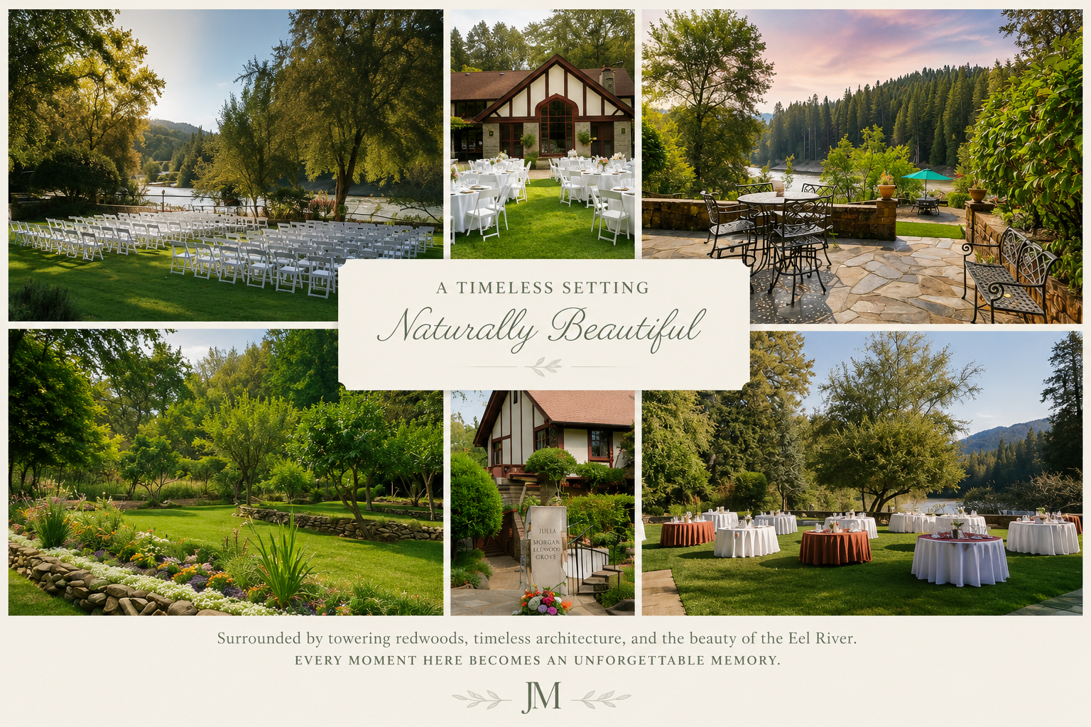 Collage of outdoor scenery and event spaces, including a ceremony area with white chairs, a garden setting with tables and chairs, a patio with river view, a garden with flowers, and a house with an entrance decorated for an event. Text overlay: "A Timeless Setting Naturally Beautiful," with additional text describing the location surrounding the Eel River, and a monogram 'JM' at the bottom.