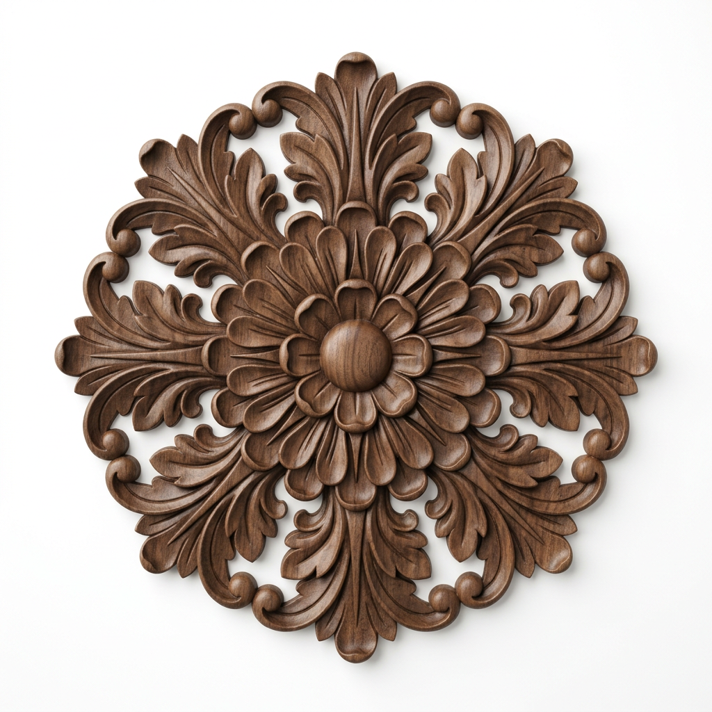 Ornate wooden decorative piece with intricate floral and leaf patterns, carved in a symmetrical design.