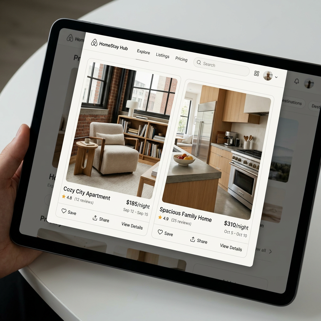 Tablet screen displaying a home rental website with listings for an apartment and a house, including images, prices, ratings, and review counts.