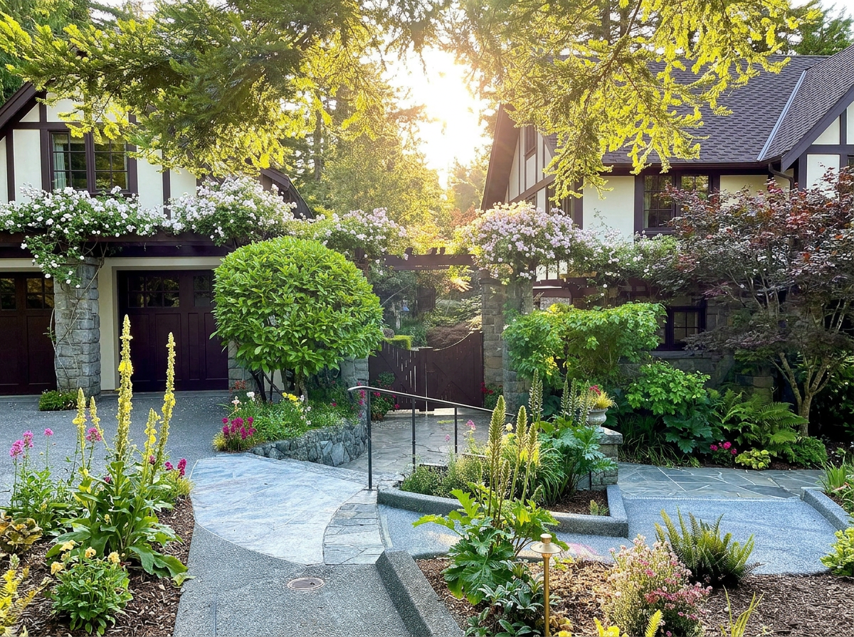 Sunset illuminating a well-maintained garden pathway leading to a two-story house with white walls and dark trim, surrounded by lush greenery and blooming flowers.