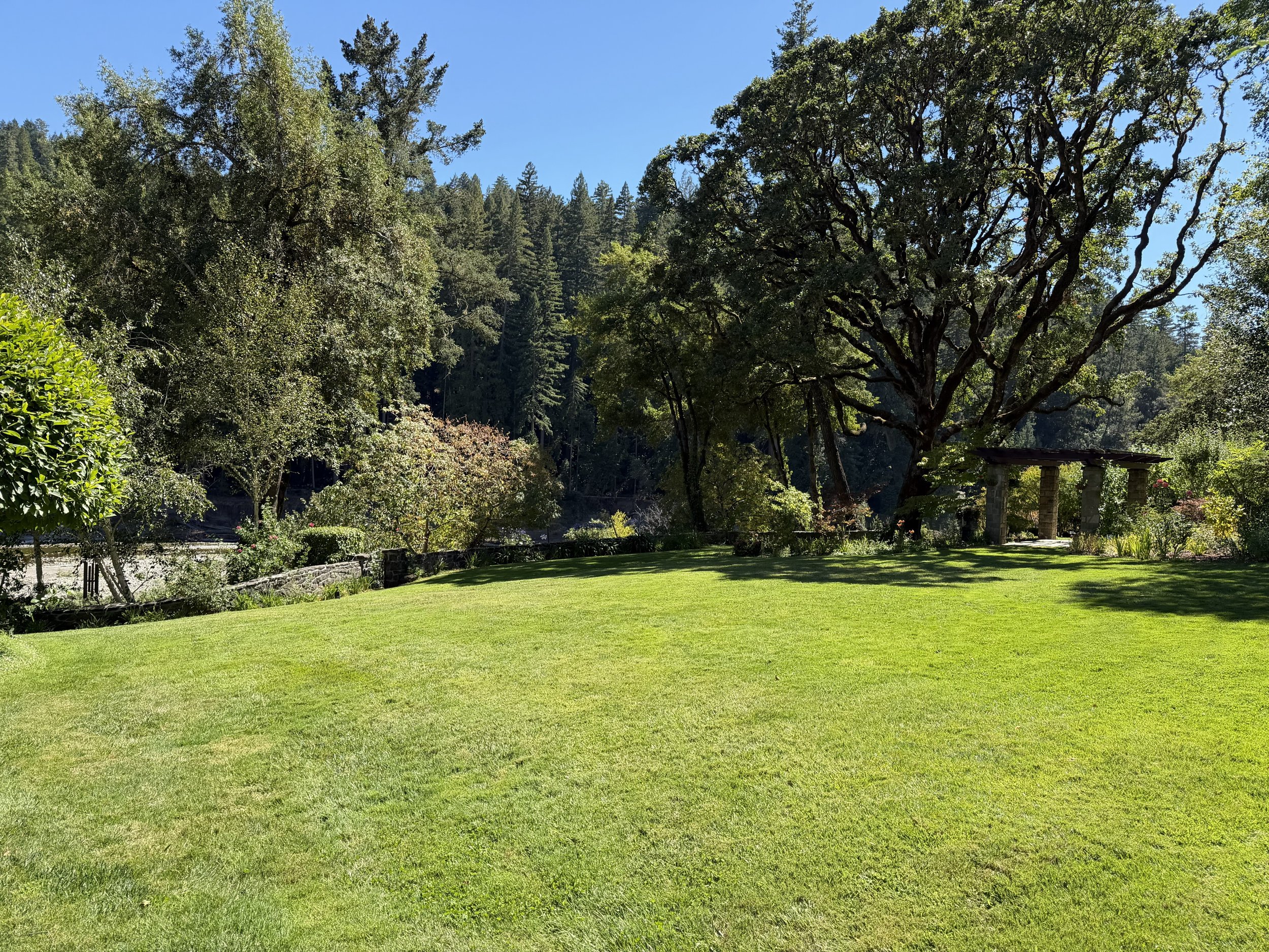 A lush, green lawn with various trees and bushes, and a stone structure on the right side, under a clear blue sky.