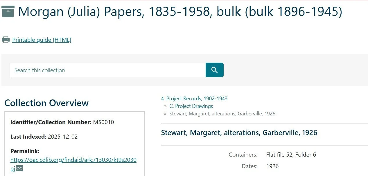 Digital archive webpage showing the collection details for Margaret Stewart's alteration drawings from 1926, part of the Julia Morgan Papers, with collection number MS0010, last indexed in December 2025.