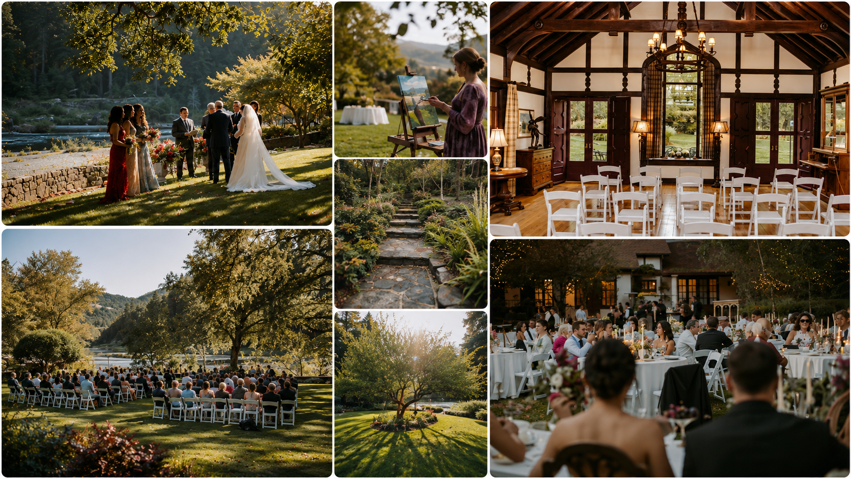 A collage of images from an outdoor wedding reception featuring a ceremony at sunset near a river, a painter creating artwork outdoors, a garden with a stone pathway, an indoor ceremony space with wooden beams and white chairs, and a large outdoor dinner gathering with string lights and people seated at tables.