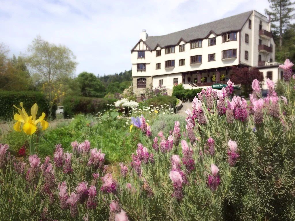 Benbow historic Inn garden filled with pink and purple flowers in front of a large white house with dark trim, set amid trees and greenery.