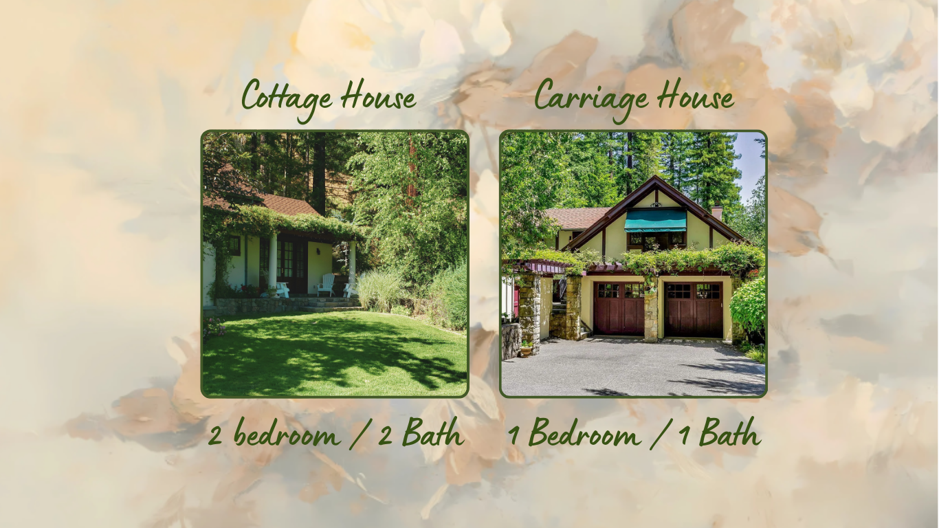 Comparison of two houses, one labeled 'COTTAGE' with 2 bedrooms and 2 bathrooms, and the other labeled 'CARRIAGE' with 1 bedroom and 1 bathroom, surrounded by greenery at the Julia Morgan Redwood Grove property.