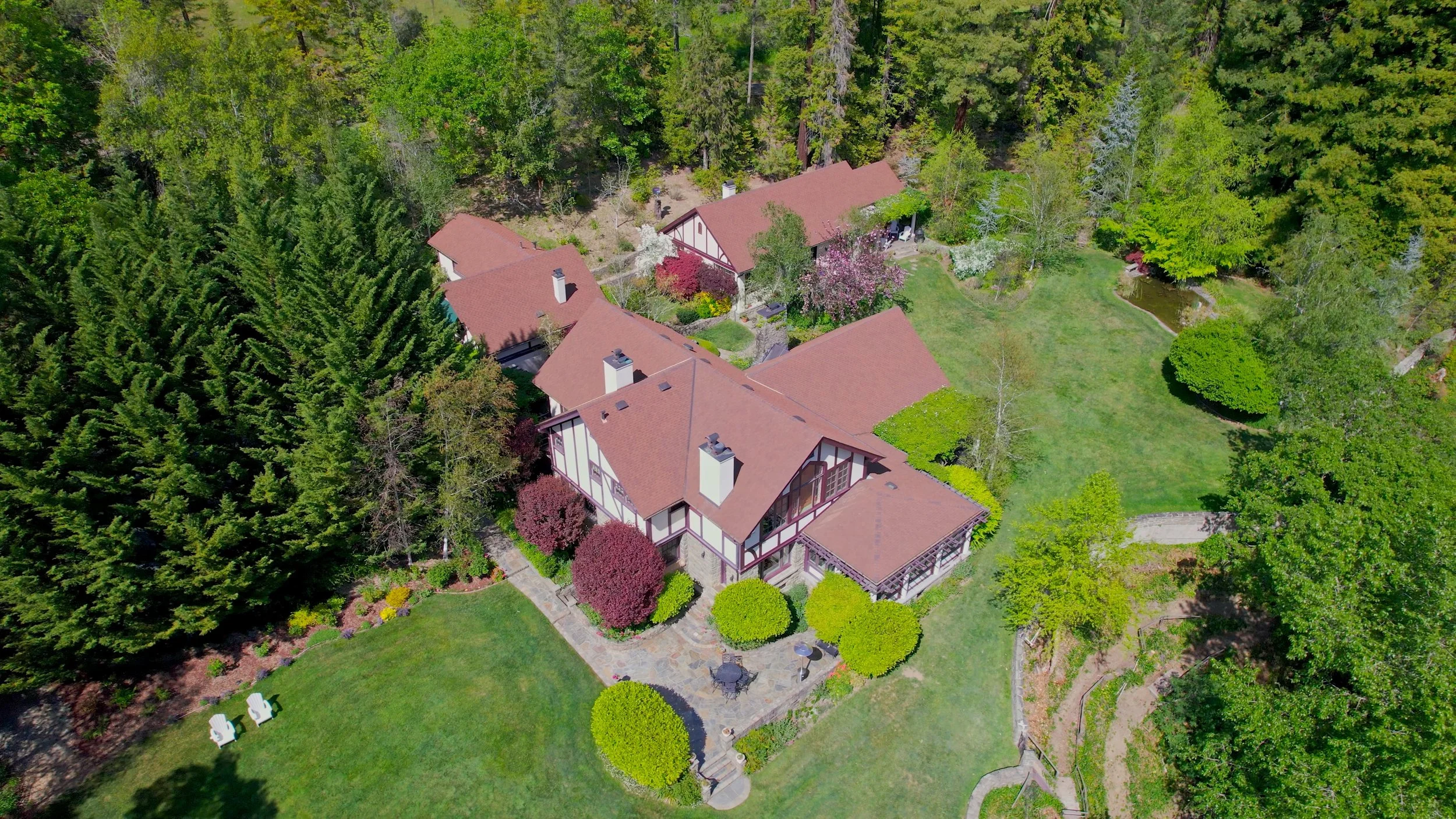 Aerial showing three buildings