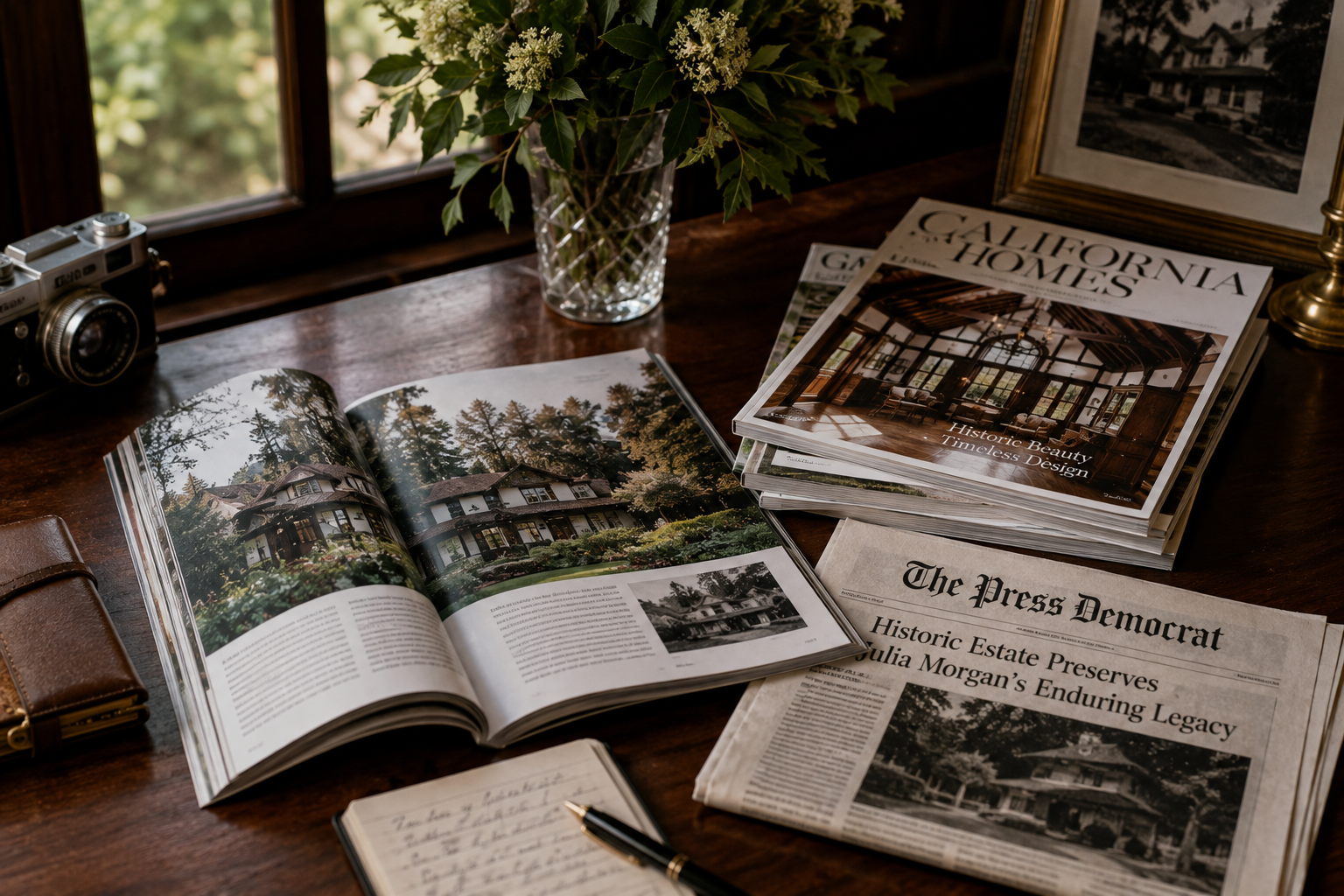 A wooden table near a window with a vase of flowers, an open magazine showing a house surrounded by trees, a stack of magazines about historic home design, a newspaper titled "The Press Democrat" about preserving Julia Morgan's estate, a leather notebook, a pen, and a vintage camera.