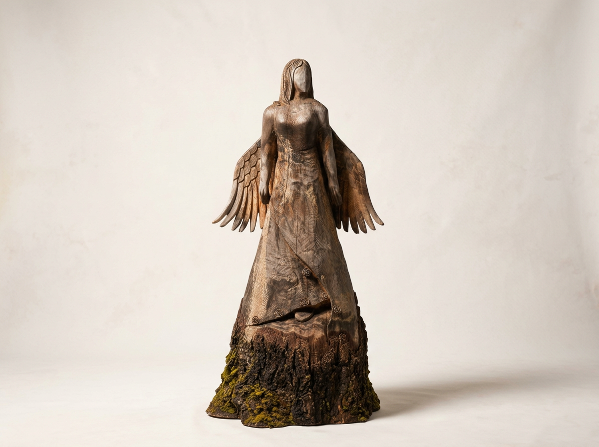 Wooden sculpture of an angel with outstretched wings, standing on a moss-covered base against a plain background.