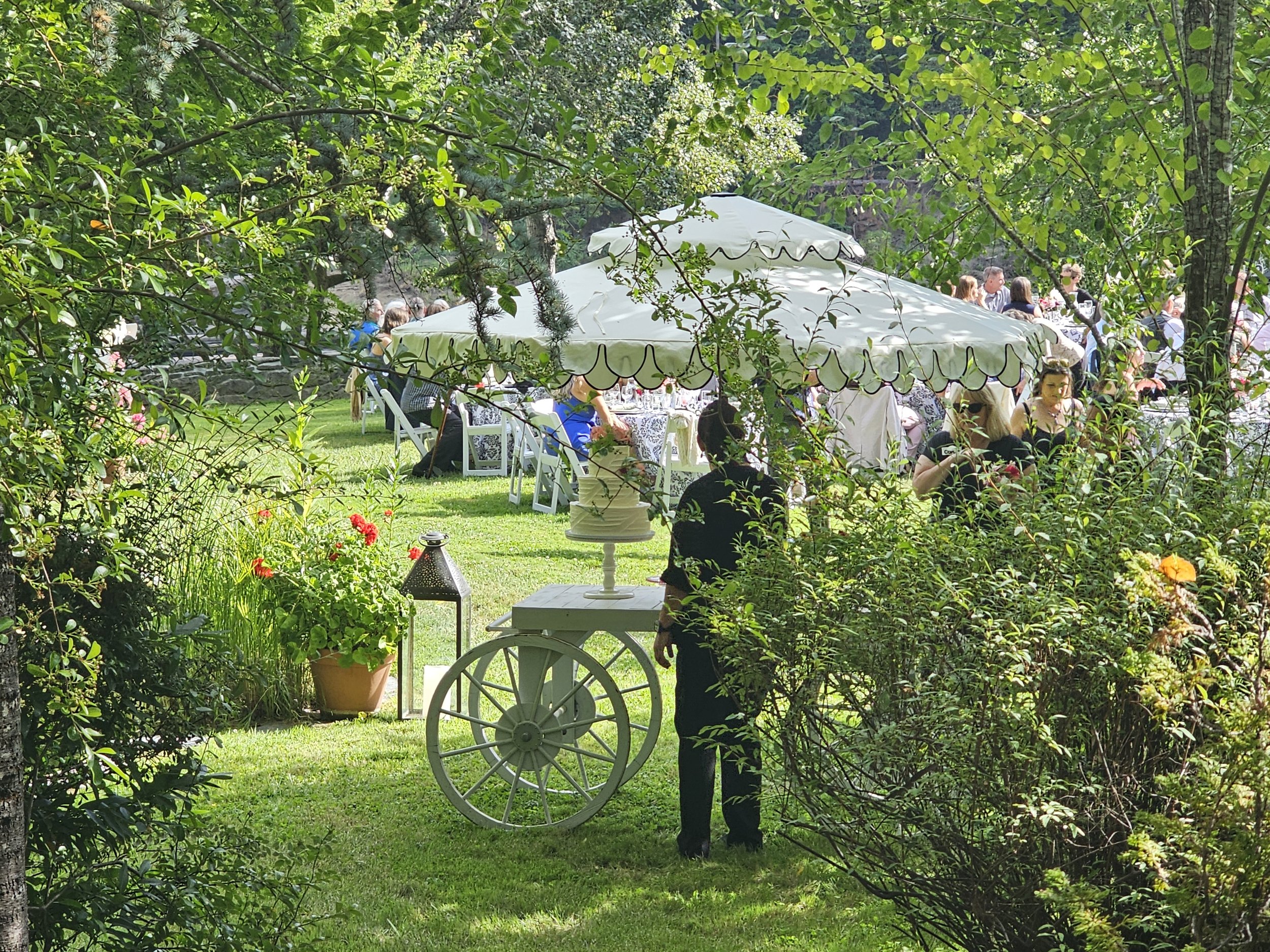 Outdoor gathering under trees with tables, umbrellas, and guests enjoying an event in a lush garden setting.