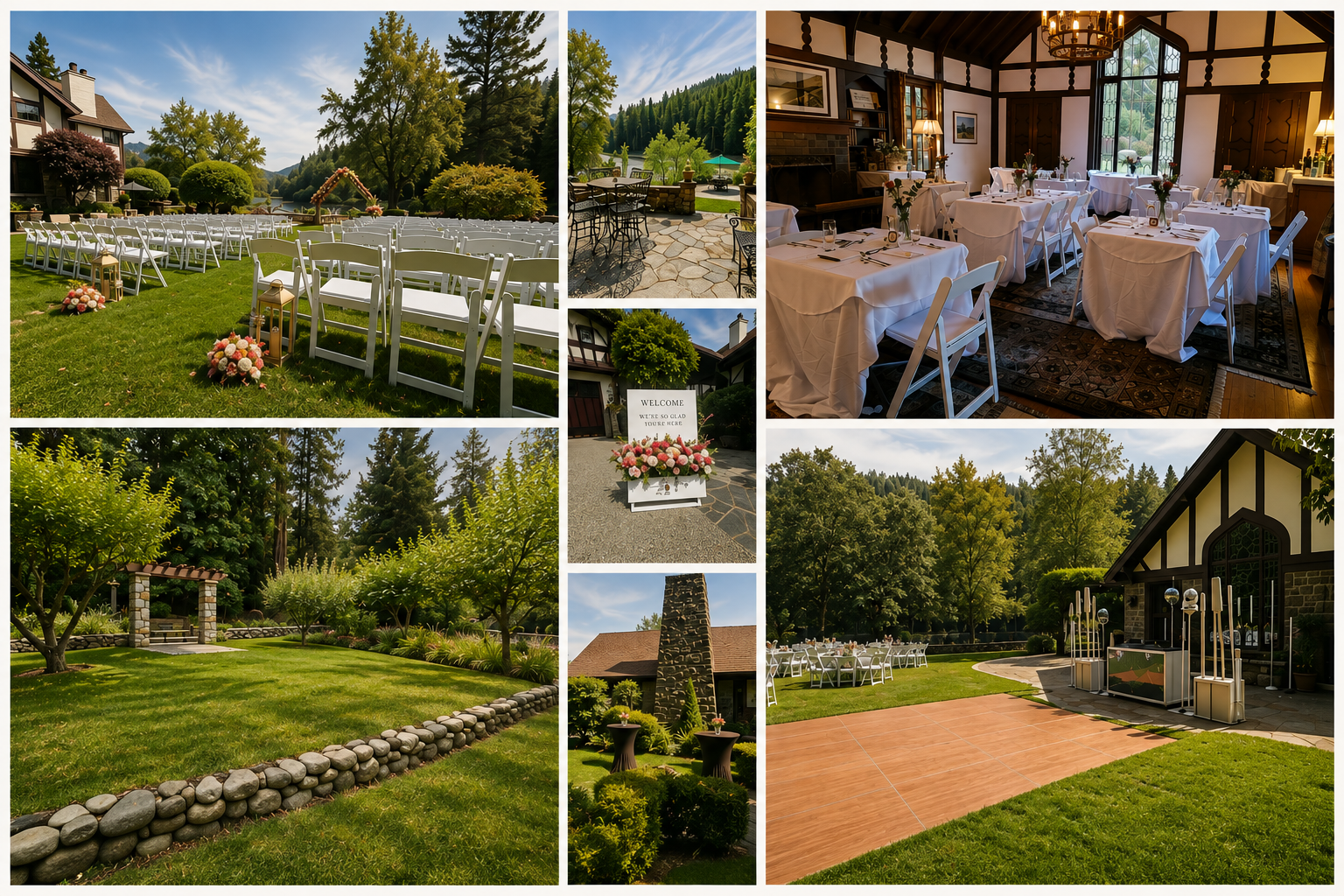 Collage of outdoor and indoor wedding venue scenes: ceremony setup with white chairs and flower arrangements, outdoor patio with dining tables and umbrellas, indoor dining room with white tablecloths and flowers, garden area with trees and stone border, wedding sign with flowers, stone chimney and landscaped garden with tables, outdoor ceremony area with chairs and small stage, and an open-air reception space with a dance floor and table setup.
