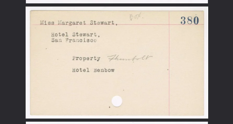 Cal-Poly Special Collections Julia Morgan client index card for Miss Margaret Stewart at Hotel Stewart in San Francisco. The card mentions Property Humboldt at Hotel Benbow, with handwritten notes and a number 380 in the top right corner.