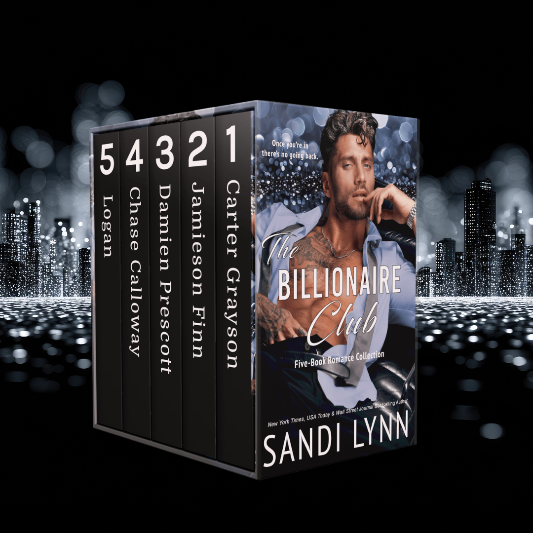 A collection of five romance novels titled 'The Billionaire Club' by Sandi Lynn, featuring a box set with a cover image of a man with tattoos and a blue shirt.