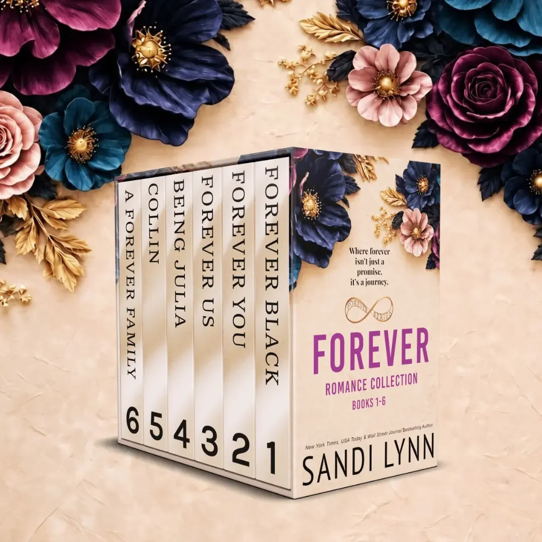 A book series titled "Forever" by Sandi Lynn, consisting of six romance novels displayed on a table surrounded by large blue, pink, and purple flowers with gold and beige accents.