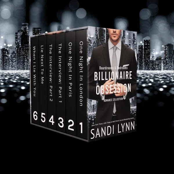 Book set titled "Billionaire Obsession" by Sandi Lynn, with a man in a suit on the cover, arranged against a cityscape background.
