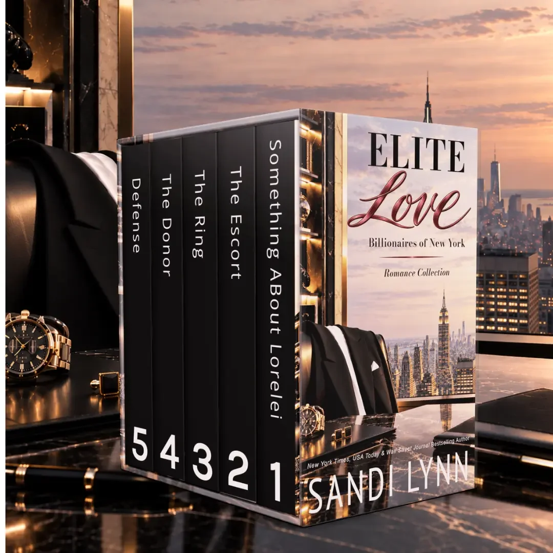 A collection of five books titled 'Something About Lorelei,' 'The Escort,' 'The Ring,' 'The Donor,' and 'Defence' by Sandi Lynn, placed on a black reflective surface with a gold watch and pen, set against a city skyline at sunset.