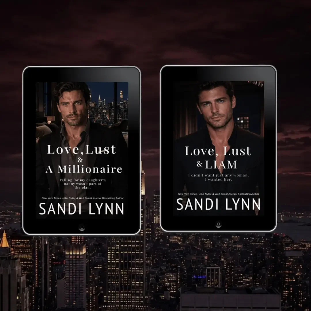 Digital devices displaying book covers of Sandi Lynn's "Love, Lust & A Millionaire" against a city skyline background at night.