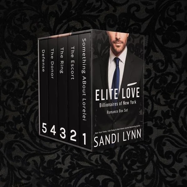 Box set of romance novels by Sandi Lynn titled 'Elite Love,' featuring five books with numbered spines, set against a black decorative background.