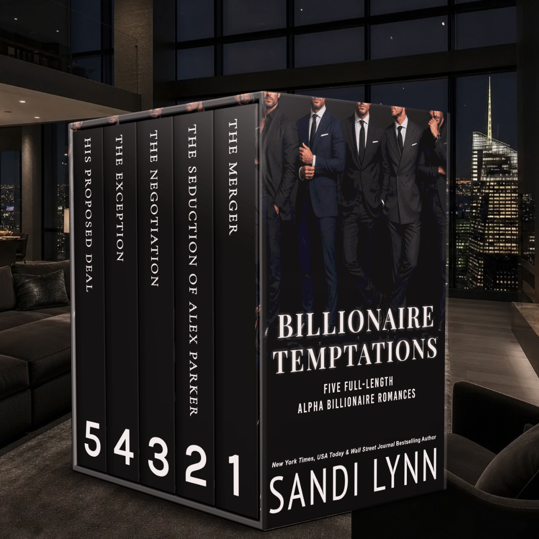 A set of five romance novels titled "Billionaire Temptations" by Sandi Lynn, each with a number on the spine from 1 to 5, standing on a table in a modern, city-view apartment.