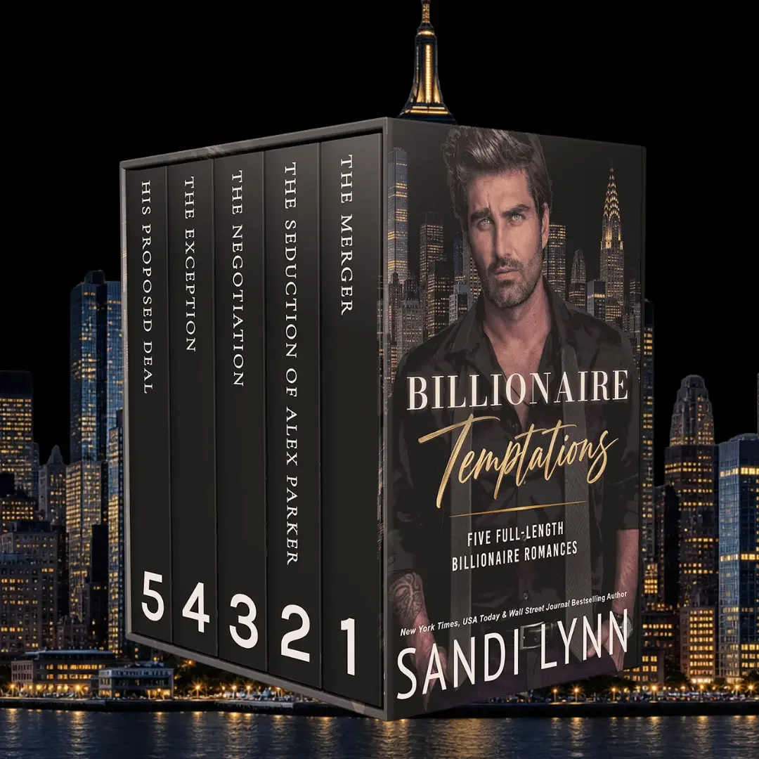 A box set of five romance novels by Sandi Flynn titled 'Billionaire Temptations,' featuring a man with a beard and tattoos on the cover of the first book, with a cityscape background at night.