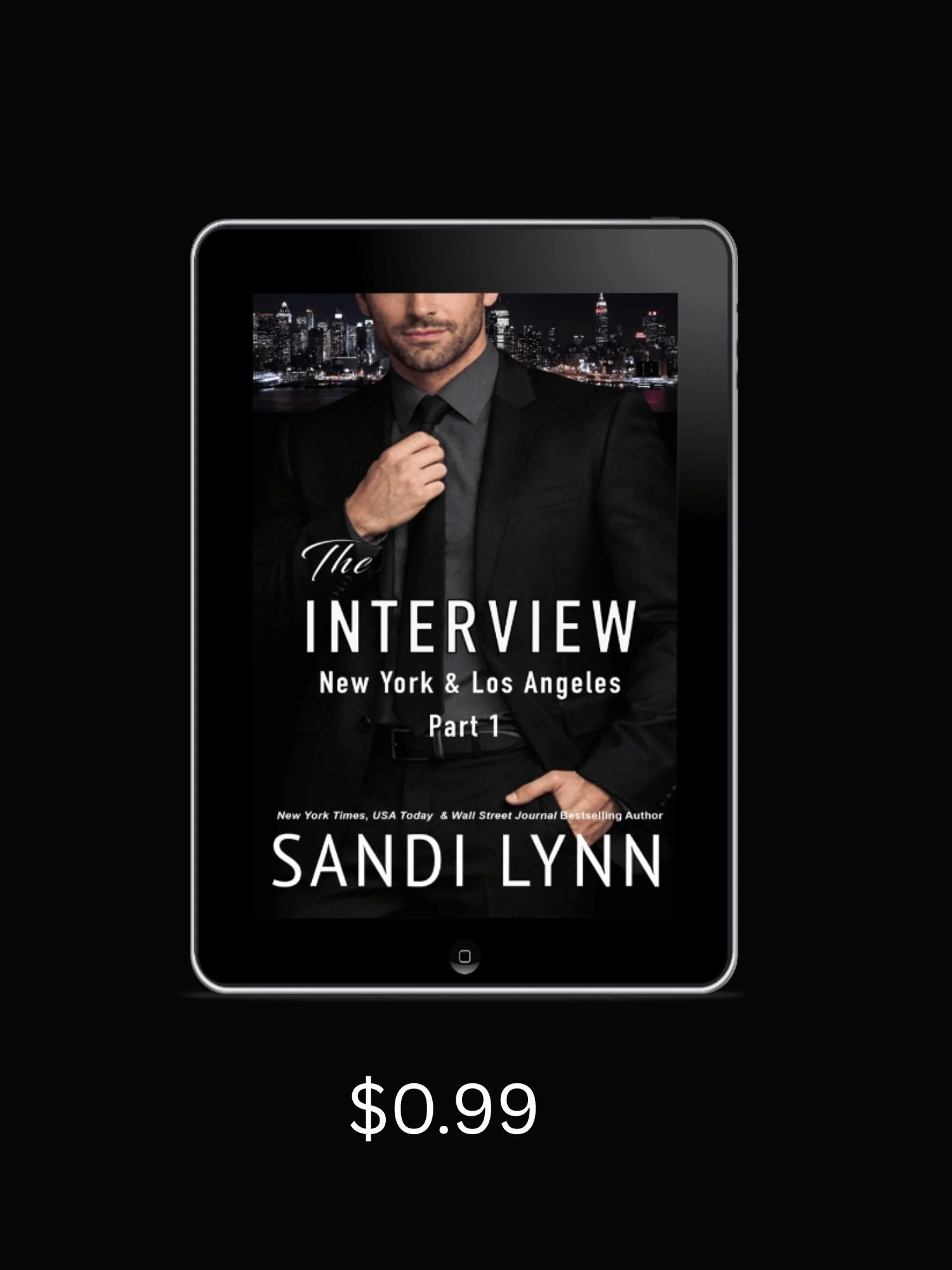 billionaire man dressed in black suit gripping tie against big city night background