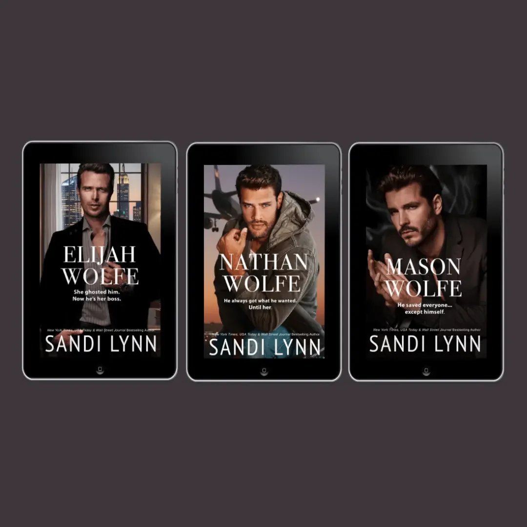 Three digital book covers of the 'Wolfe' series by Sandi Lynn, featuring male characters with dark hair, each with a different background and pose.