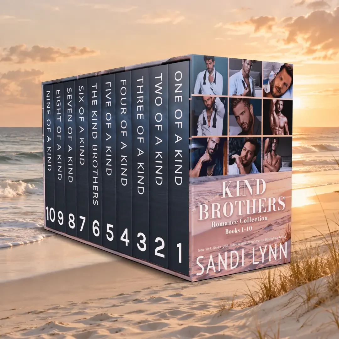 A three-dimensional set of books titled 'Kind Brothers' by Sandi Lynn, part of the Romance Collection, on a beach at sunset. The set includes ten books numbered 1 through 10, each with a different cover featuring a man, in various poses.