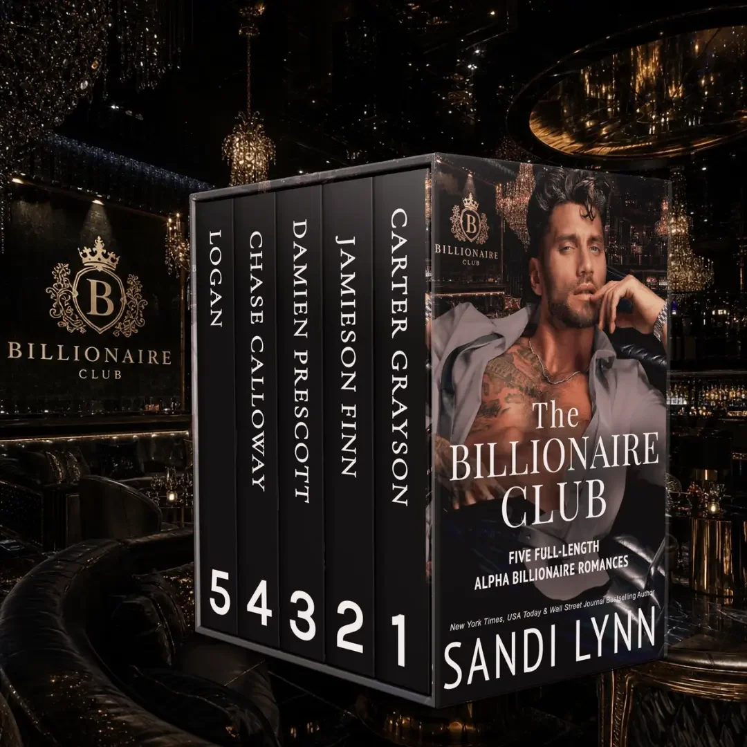 A set of five book covers titled "The Billionaire Club" by Sandi Lynn, displayed on a black background with a luxury lounge setting and chandeliers in the background. The covers feature a men's fashion and jewelry theme with one cover showing a man with tattoos.