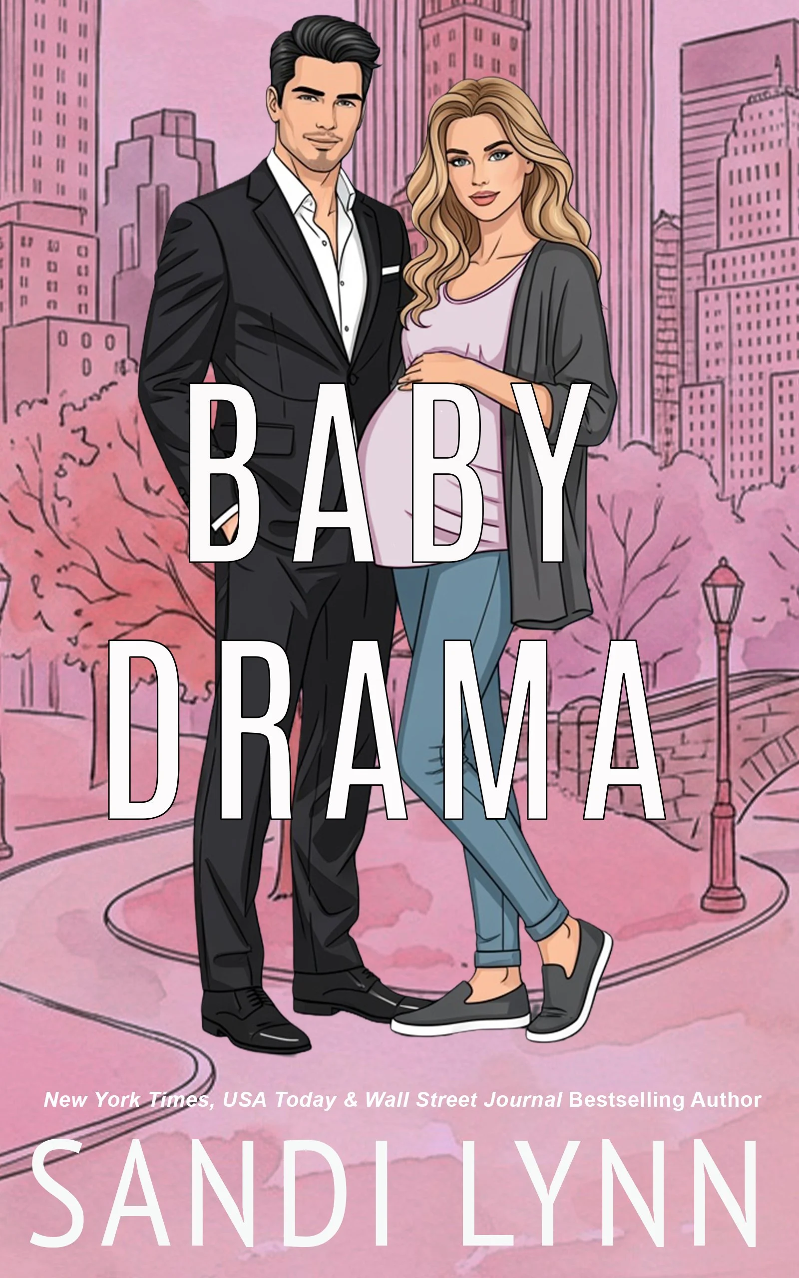 Illustration of a pregnant woman with long blonde hair wearing a pink top, blue jeans, and a gray cardigan, standing next to a man in a black suit, white shirt, and black shoes, in a city park with pink trees and pink buildings in the background.