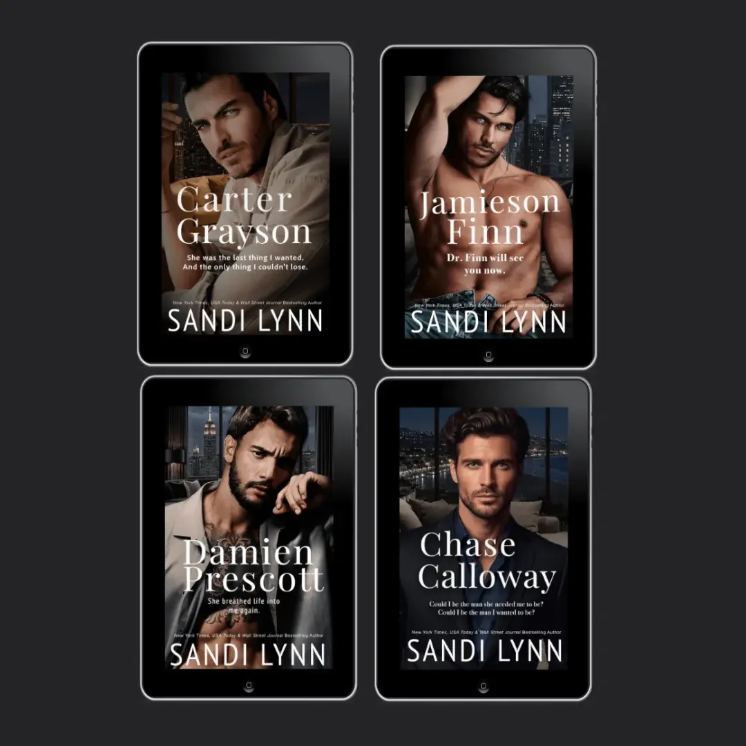 Four e-book covers by Sandi Lynn, featuring male models with dark hair, each featuring a different character name and tagline.