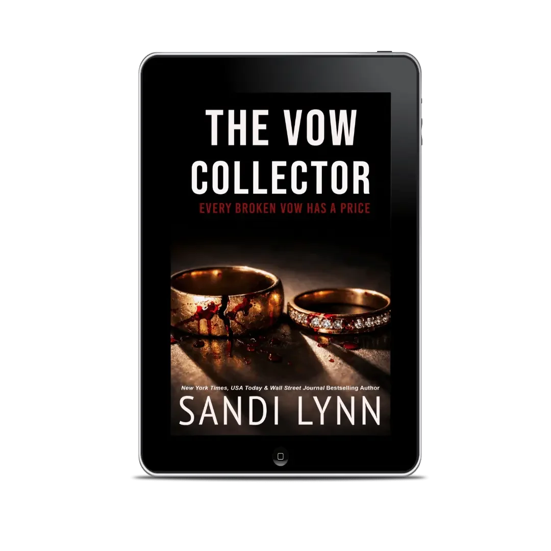 Cover of a book titled 'The Vow Collector' by Sandi Lynn, featuring two wedding rings, one with bloodstains and the other with diamonds, on a dark background.
