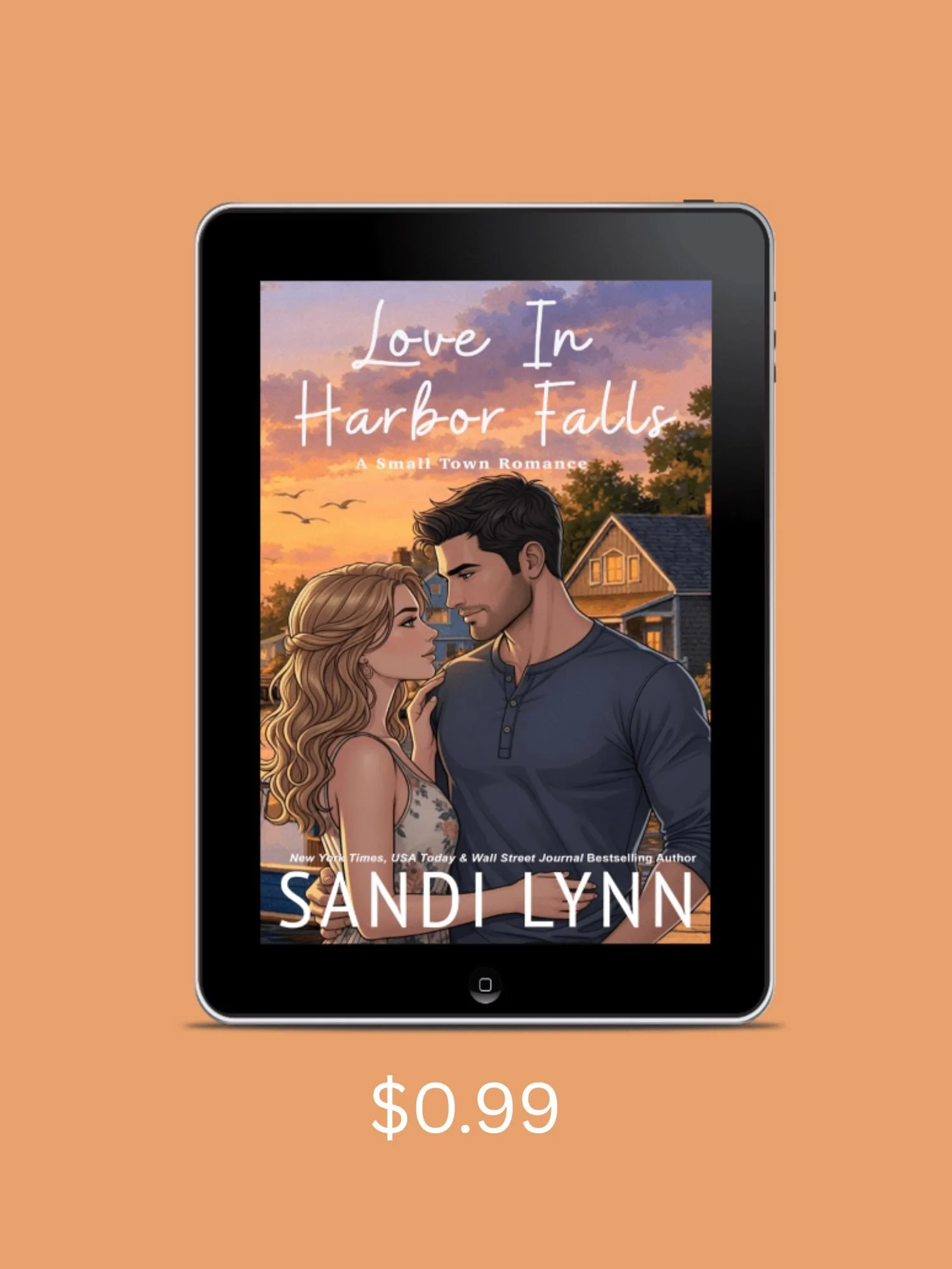 Illustrated couple against seaside backdrop in small town