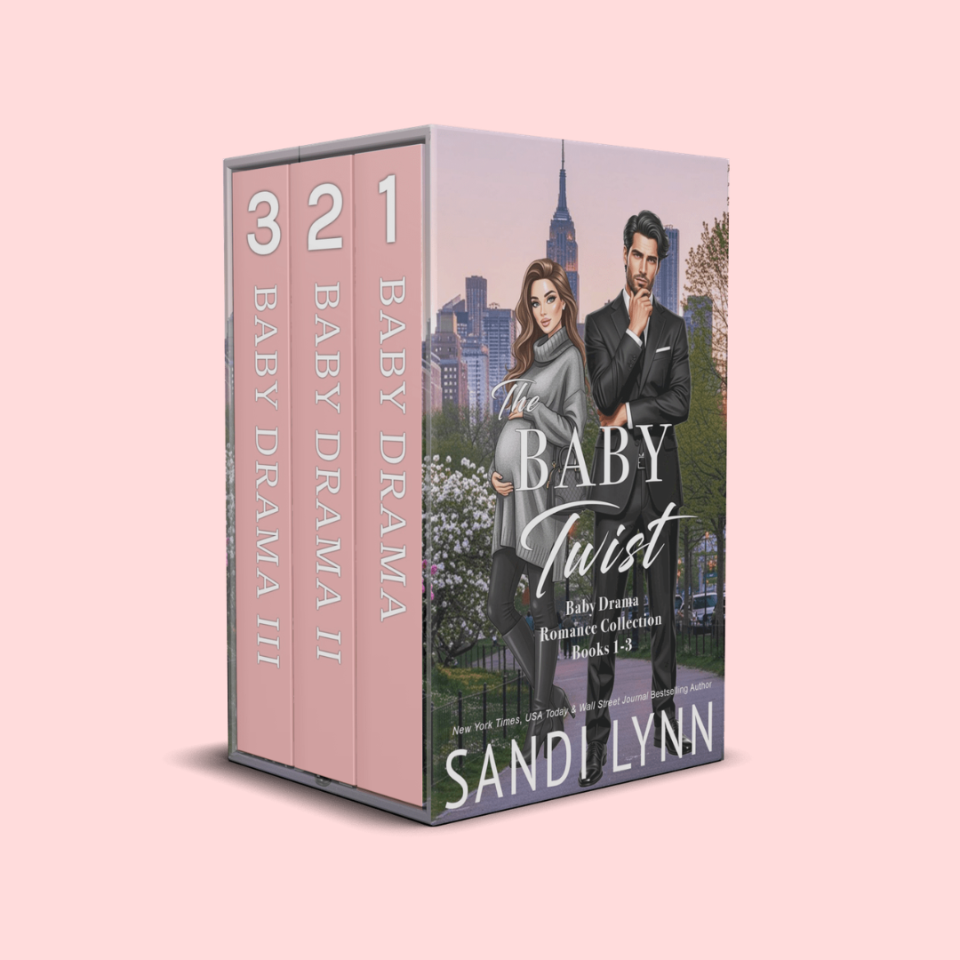 A box set of three books titled "The Baby Twist" by Sandilynn, with an illustrated cover showing a pregnant woman and a man standing in a city park, against a pink background.