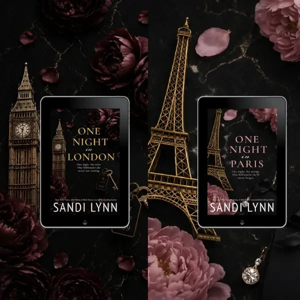 Two books titled 'One Night in London' and 'One Night in Paris' by Sandi Lynn, surrounded by floral decorations, a miniature Eiffel Tower, Big Ben, and a tablet displaying the book covers.