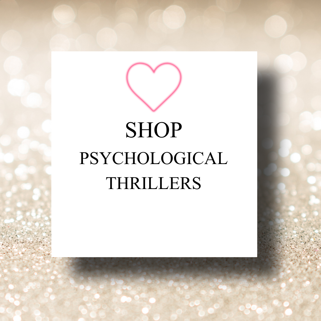A digital graphic with a white square background featuring a pink neon heart at the top. Below the heart, bold black text reads "SHOP PSYCHOLOGICAL THRILLERS." The background behind the white square is a bokeh effect with gold and silver sparkles.