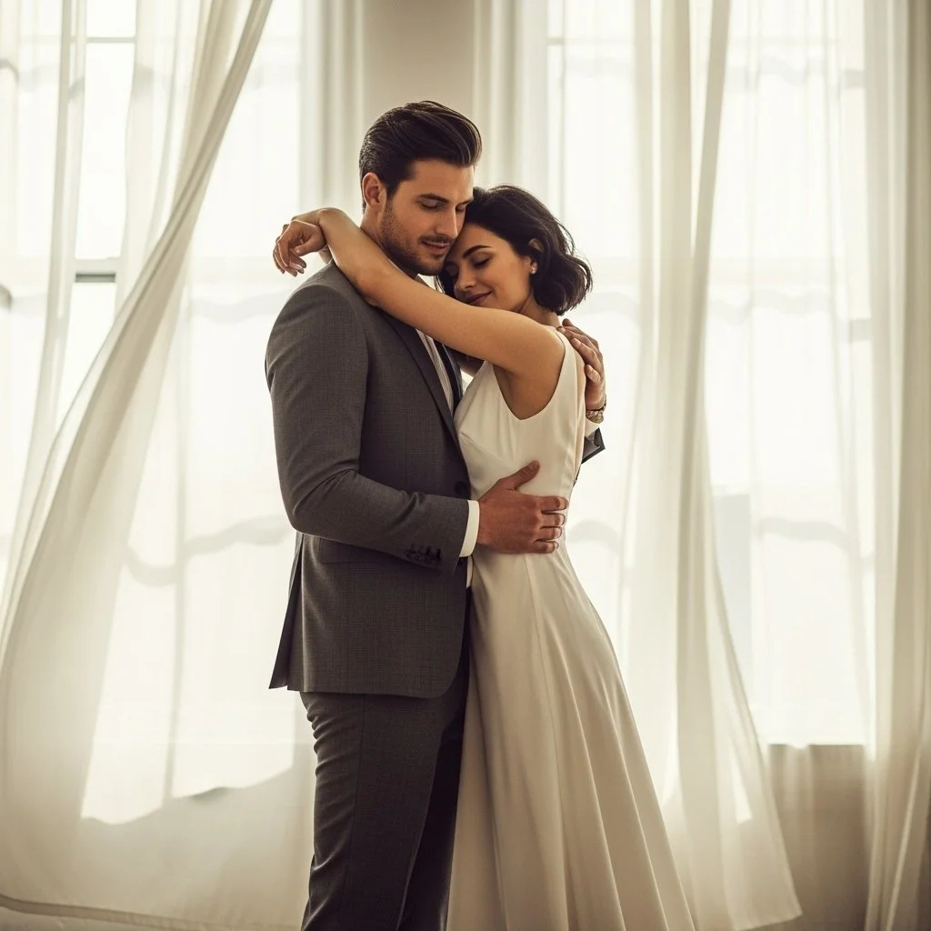 Couple embracing in front of large window with flowing white curtains